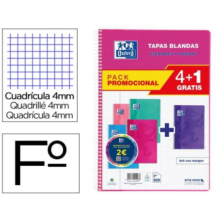 CUADERNO ESPIRAL OXFORD TAPA BLANDA FOLIO 80 HOJAS 90GR CUADRO 4 MM COLORES TENDENCIAS PACK DE 4+1