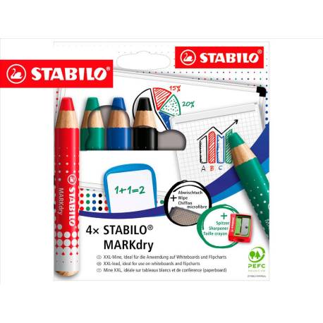 LAPIZ MARCADOR EN SECO STABILO MARKDRY PARA PIZARRA BLANCA ESTUCHE DE 4 UNIDADES COLORES SURTIDOS