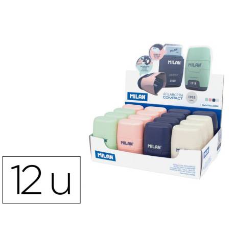 SACAPUNTAS MILAN COMPACT SERIE 1918 PLASTICO 2 USOS CON GOMA DE BORRAR EXPOSITOR DE 16 UNIDADES COLORES