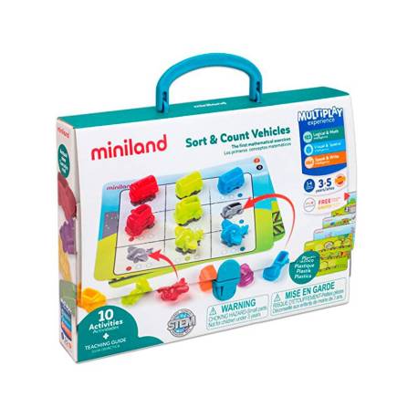 JUEGO MINILAND 36 VEHICULOS Y 5 FICHAS DE ACTIVIDAD A DOBLE CARA PARA LOGICA MATEMATICA 310X70X531 MM 3-5 AÑOS