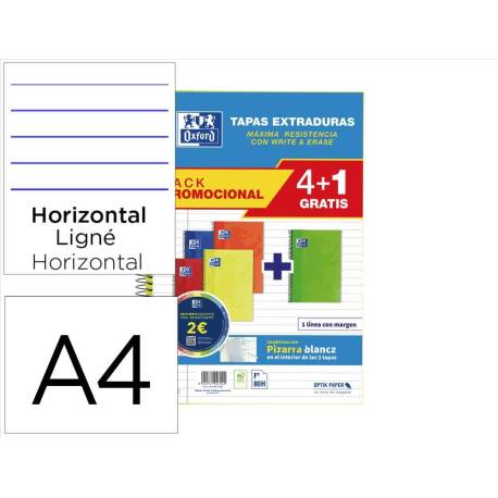 CUADERNO ESPIRAL OXFORD TAPA EXTRADURA FOLIO 80 HOJAS 90 GR RAYADO HORIZONTAL COLORES VIVOS PACK DE 4+1 UNIDADES