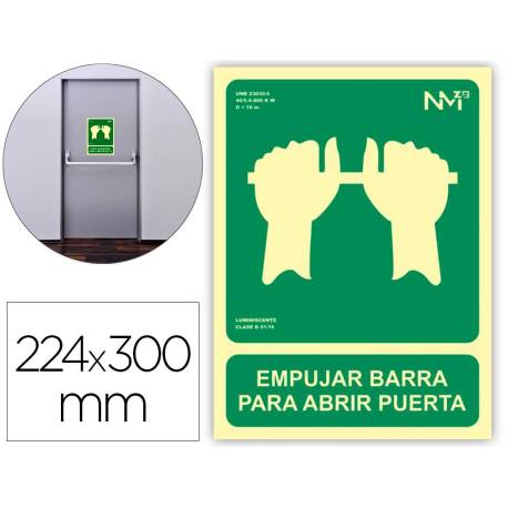 PICTOGRAMA ARCHIVO 2000 EMPUJAR BARRA PARA ABRIR PUERTA PVC COLOR VERDE LUMINISCENTE 224X300 MM