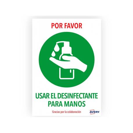 SEÑAL ADHESIVA AVERY USAR DESINFECTANTE PARA LAS MANOS DIN A4 RESISTENTE A LOS RAYOS UV PACK DE 2 UNIDADES