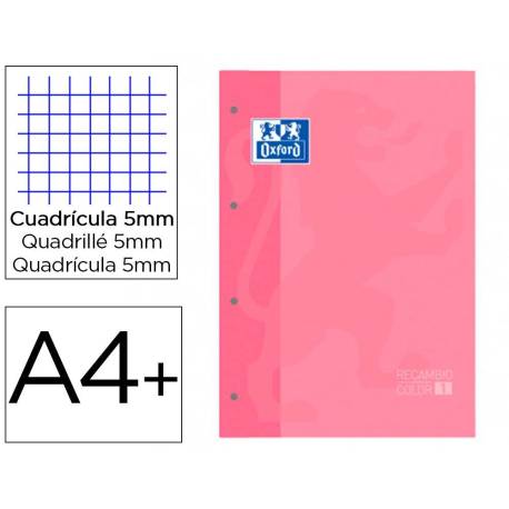 RECAMBIO COLOR 1 OXFORD DIN A4+ 80 HOJAS 90 GR CUADRO 5 MM 4 TALADROS COLOR ROSA CHICLE