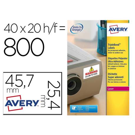 ETIQUETA ADHESIVA AVERY POLIESTER SUPER ADHERENTE BLANCA 45,7X25,4 MM IMPRESORA LASER PACK DE 800 UNIDADES