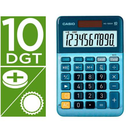 CALCULADORA CASIO MS-100EM SOBREMESA 10 DIGITOS TX +/- TECLA DOBLE CERO COLOR AZUL