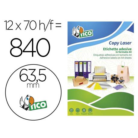 ETIQUETA ADHESIVA TICO AMARILLO FLUOR PERMANENTE FSC LASER/INKJET/FOTOCOPIA REDONDA 63,5 MM CAJA DE 840 UNIDADES