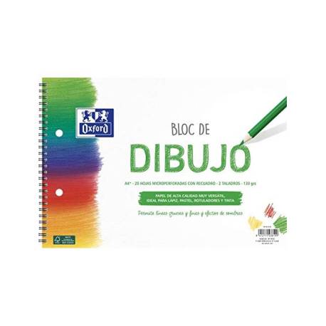 BLOC DE DIBUJO OXFORD ESPIRAL DIN A4+ 20 HOJAS CON RECUADRO 2 TALADROS 130 GR