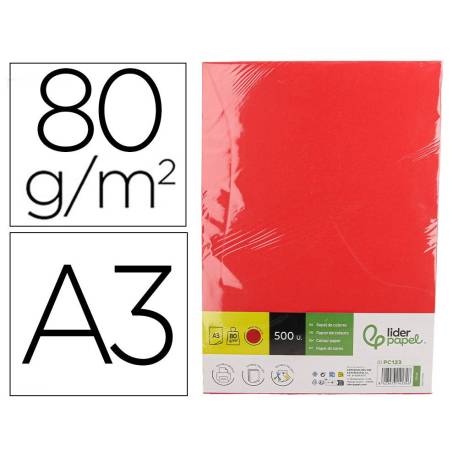 PAPEL COLOR LIDERPAPEL DIN A3 80 GR ROJO INTENSO PAQUETE DE 500 HOJAS